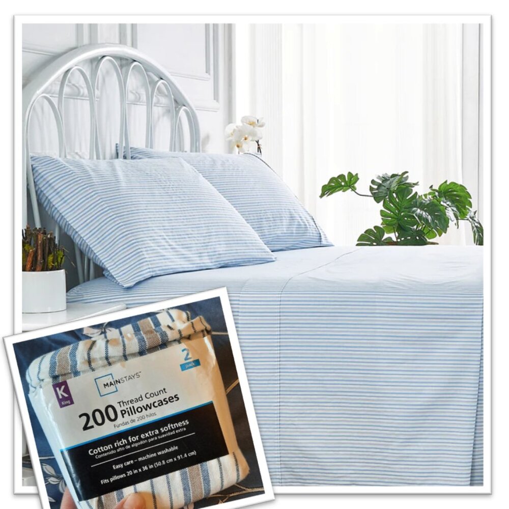 MAINSTAYS Shirt Stripe Print Cotton Percale Pillowcase Set NWT! - Blue/Tan, KING